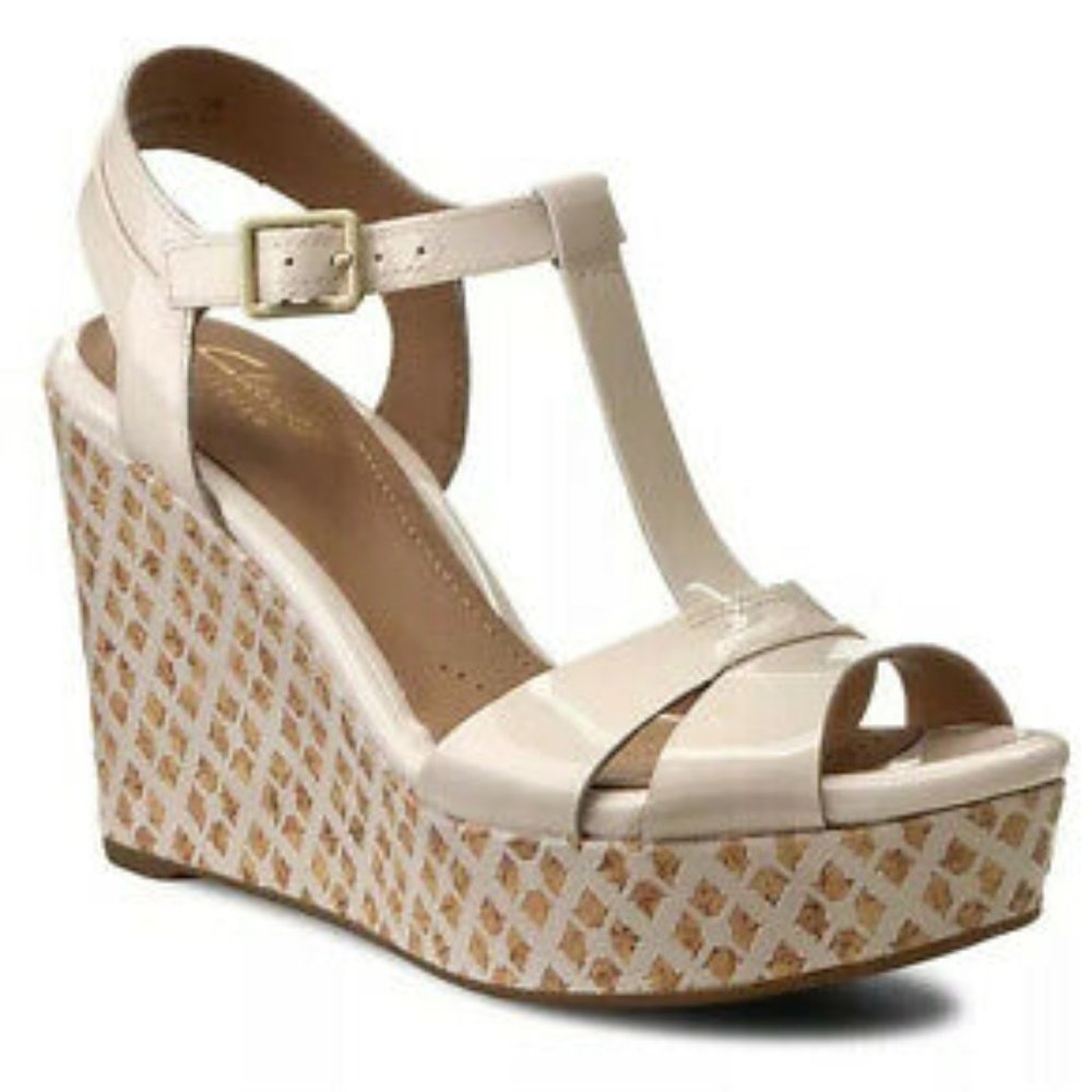 Clarks Amelia Roma Nude Pink T-Strap Wedge Sandals
